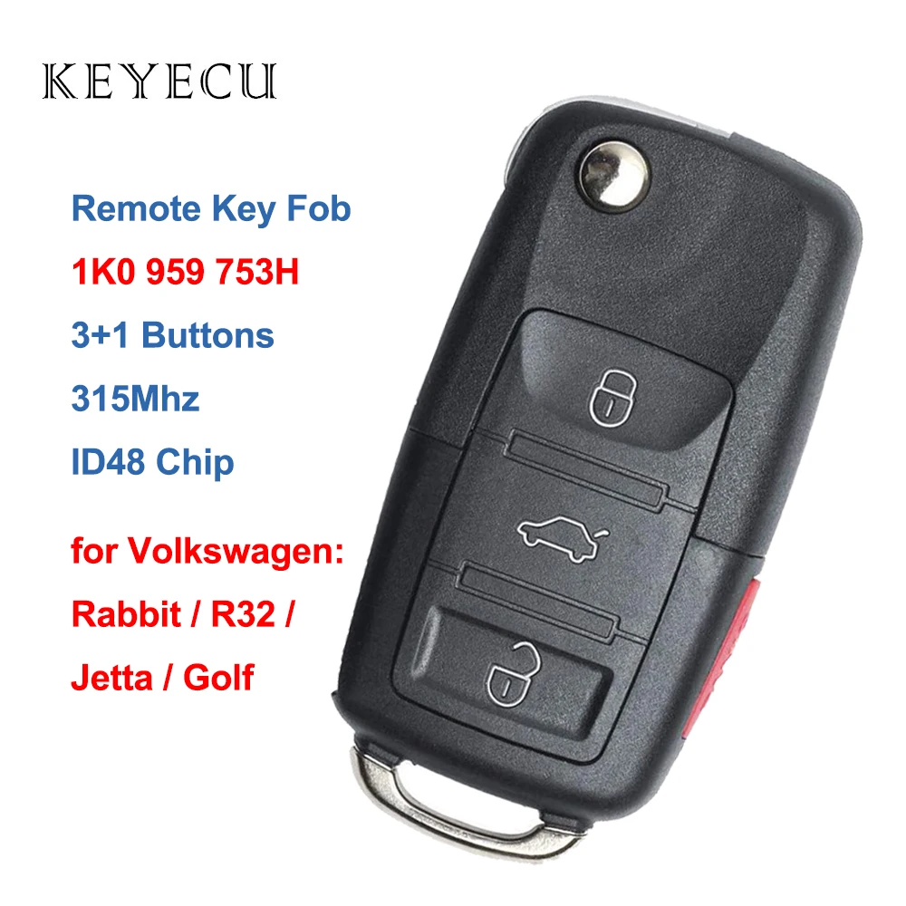 Флип-накопитель 1K0 959 753 H 1K0959753H дистанционный ключ-брелок от машины 3 + 1 кнопочный чип 315 МГц ID48 для Volkswagen VW Jetta Golf Rabbit GTI R32