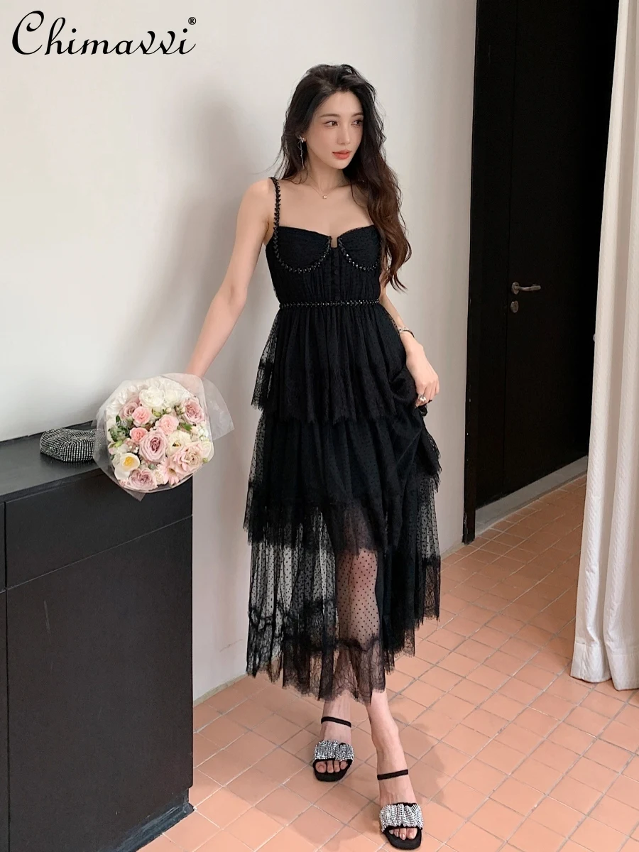 

Fashion Dot Mesh Stitching Lace Slim-Fit Sexy Strap Dress High-end Lady Temperament Vacation Tiered-Ruffle Long Dress Women