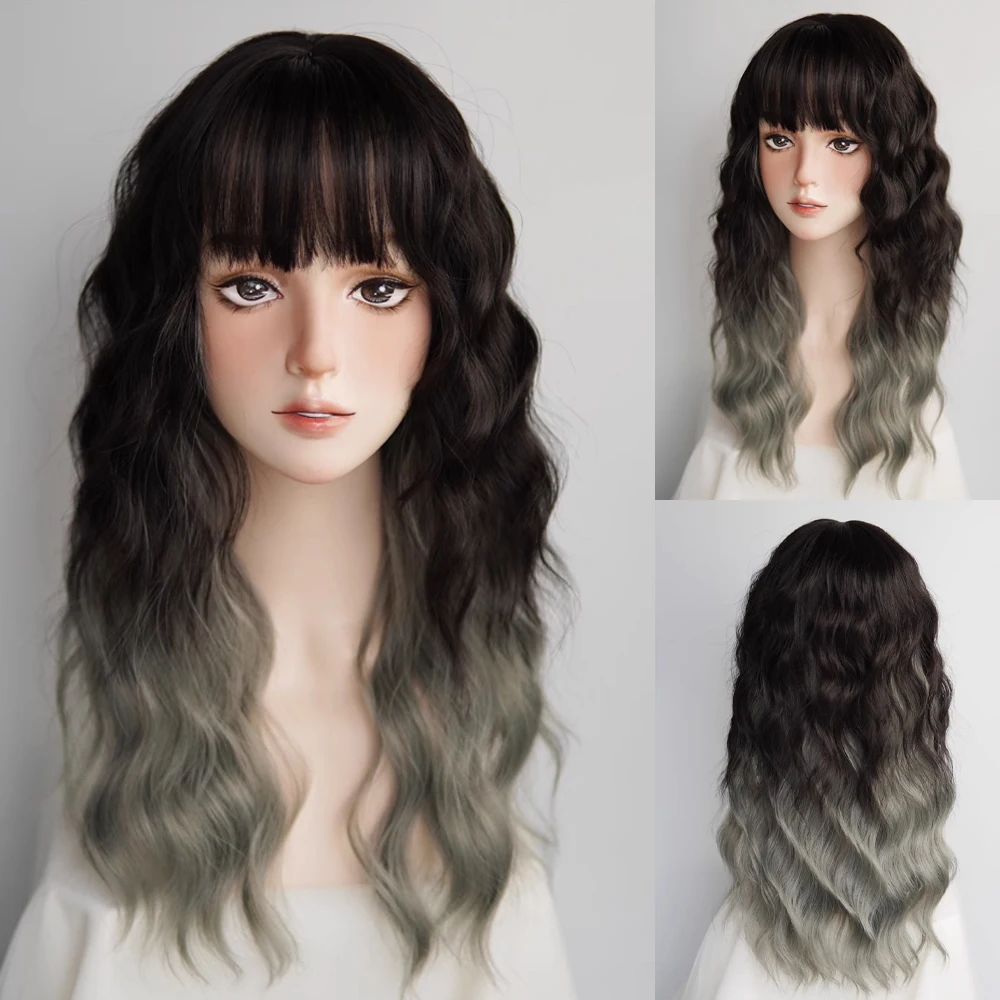 

Ombre Black Gray Mixed Long Wavy Curly Synthetic Wig with Bangs Jellyfish Head Lolita Cosplay Fluffy Hair Wig for Daily Party