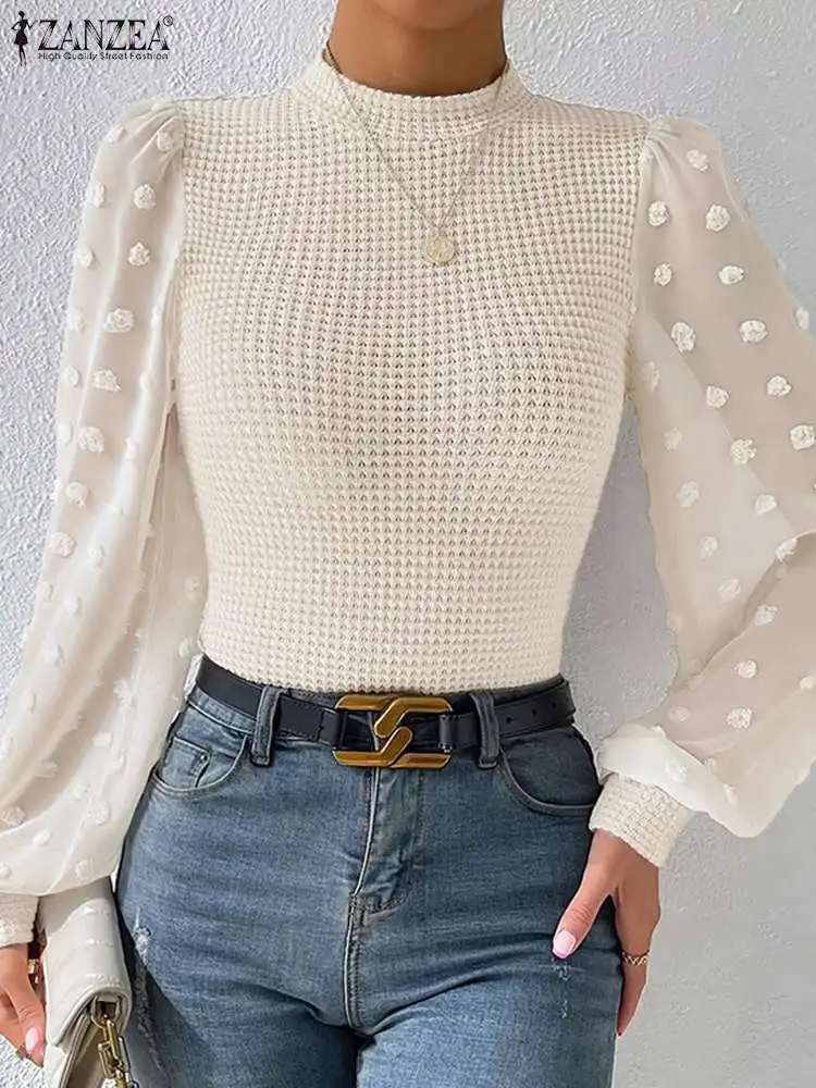 

Elegant Women Work Blouse ZANZEA Spring Long Sleeve Lace Crochet Shirt Stylish Patchwork Tops Tunic Casual Solid Knitted Blusas
