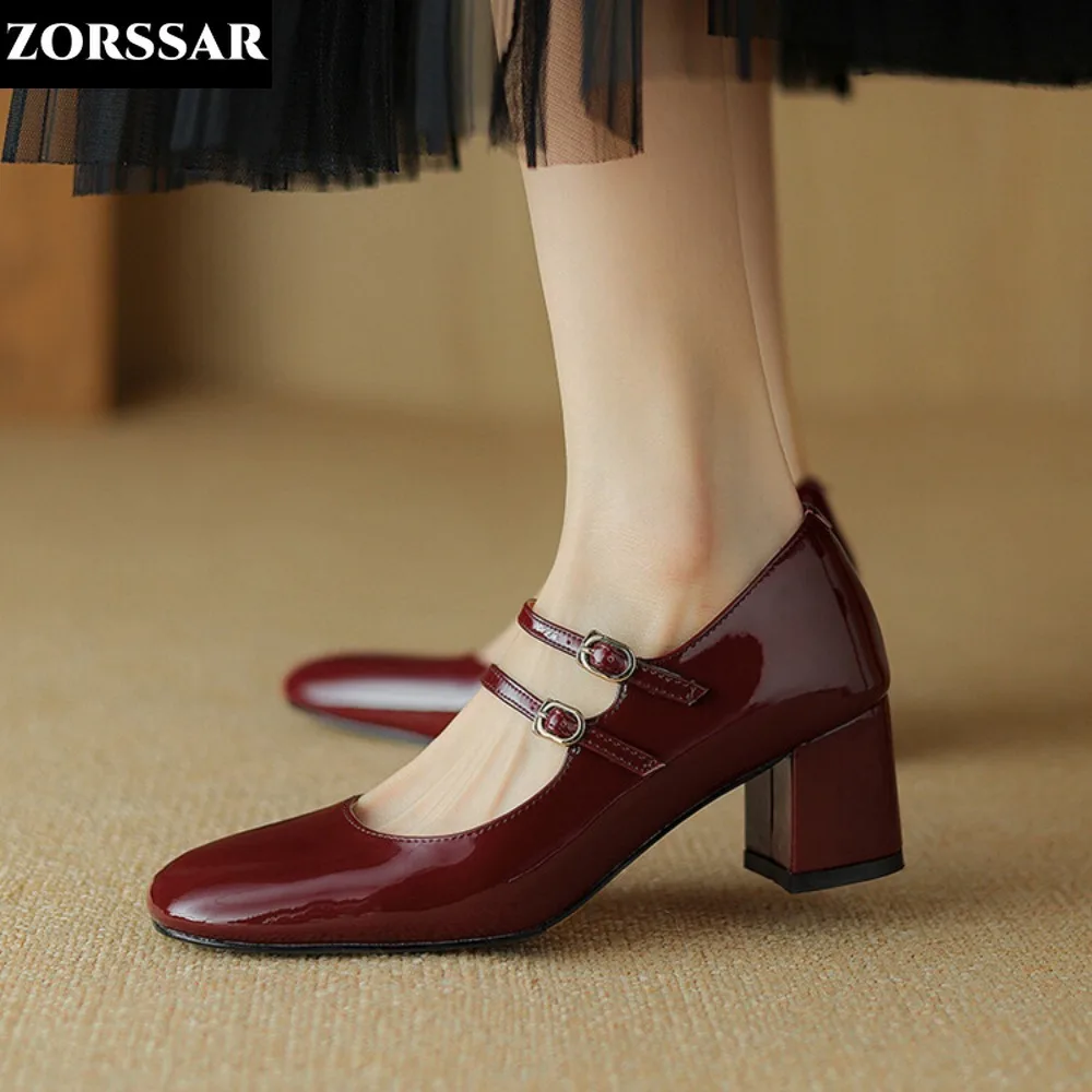 

2024 Spring Autumn Women Double Buckle Mary Janes Shoes Patent Leather Dress Shoes High Heels Pumps Retro Ladies Shoe Black Red