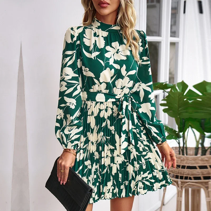 Printed Dress Autumn Winter Vacation Leisure Long Sleeve O Neck Lace Up Pleated Short Dress
Printed Dress Autumn Winter Vacation Leisure Long Sleeve O Neck Lace Up Pleated Short Dress