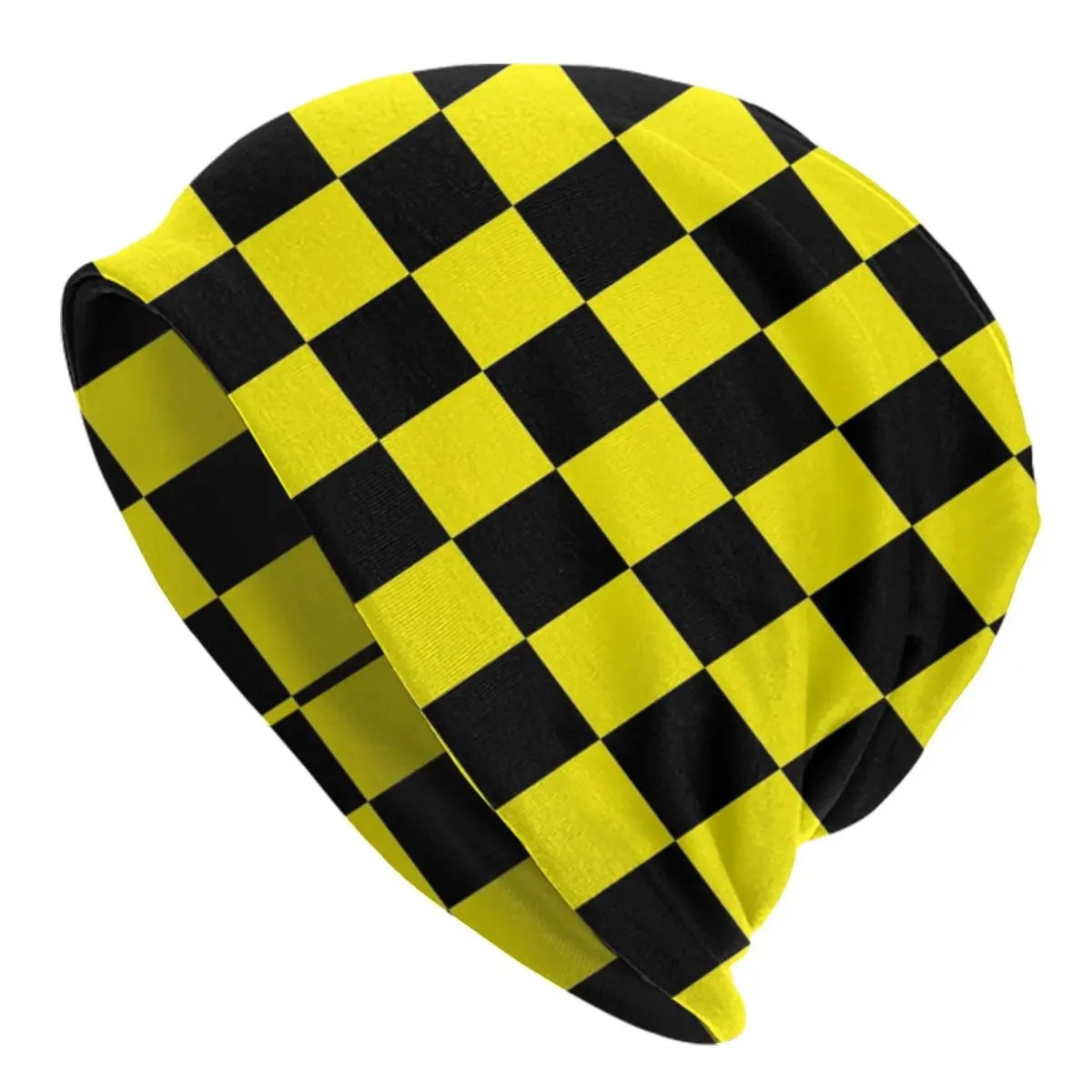 

Yellow Black Checkered Pattern Skullies Beanies Caps Men Women Unisex Hip Hop Winter Warm Knit Hat Adult Bonnet Hats