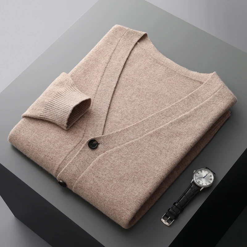 

100% merino wool men's cardigan cashmere sweater autumn and winter new knitted coat solid color long sleeve high quality coat