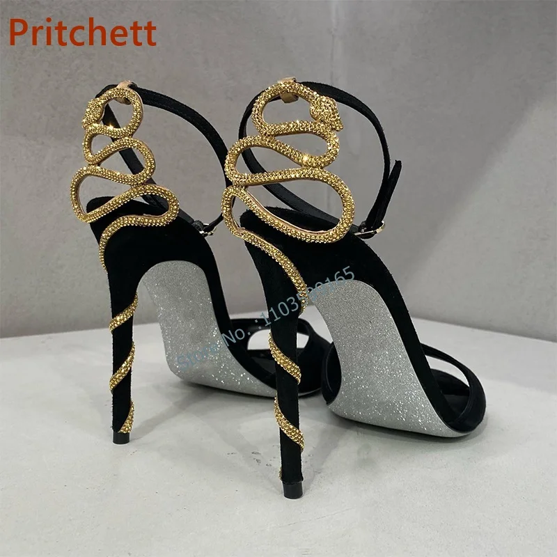 

Snake Cross Peep Toe Stiletto Sandals Buckle Strap High Heel Dress Shoes Solid Slingback Runway Shoes Summer Sexy Fashion Luxury