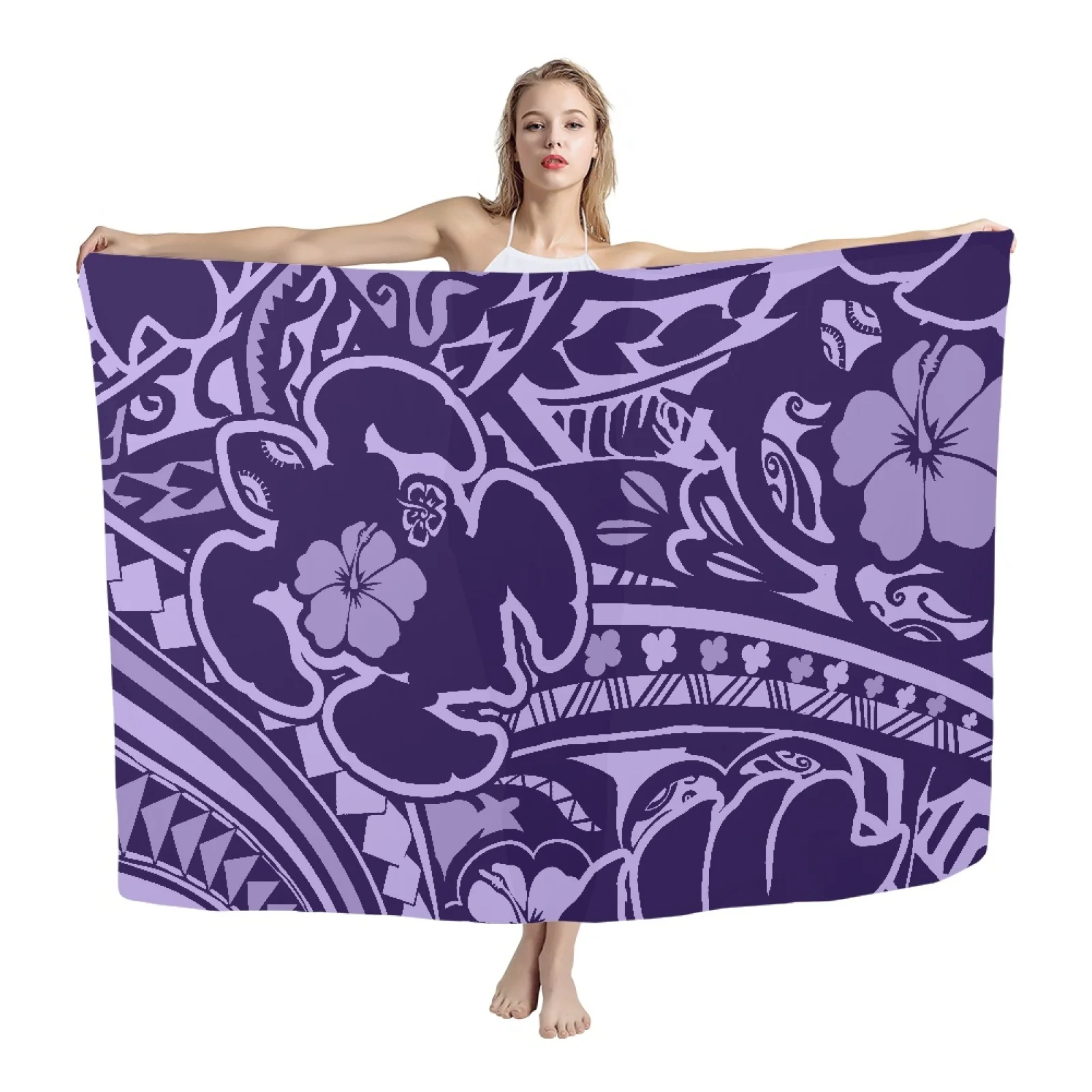 

HYCOOL Polynesian Hawaii Tribal Totem Print Lavalava Sarong Purple Hibiscus Pareo Multi Wear Beach Long Swimsuit Wrap Cover Up
