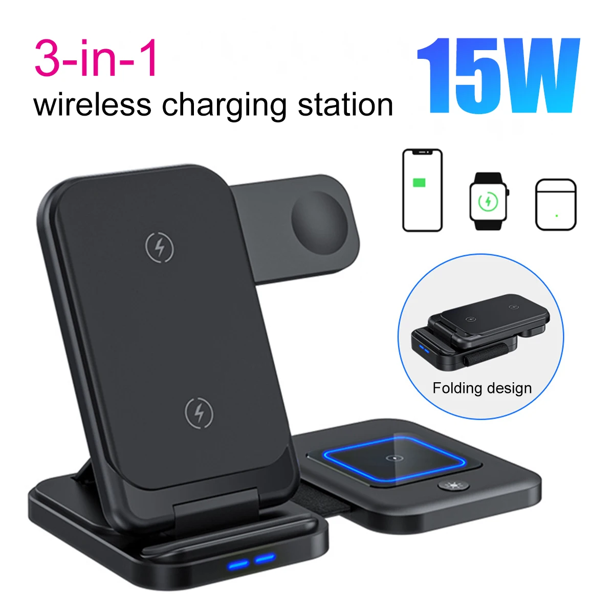Collapsible wireless charging station for Apple Watch series, 3-in-1 charger support, iPhone15 14 13 12 11Pro Max
Collapsible wireless charging station for Apple Watch series, 3-in-1 charger support, iPhone15 14 13 12 11Pro Max