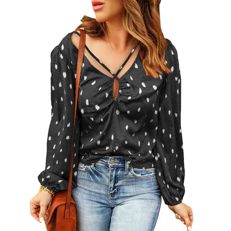 Summer New Printed Polka Dot Shirt V-neck Cross Drawstring Long-sleeved Tops Fashion Sexy T-shirt Female
Summer New Printed Polka Dot Shirt V-neck Cross Drawstring Long-sleeved Tops Fashion Sexy T-shirt Female