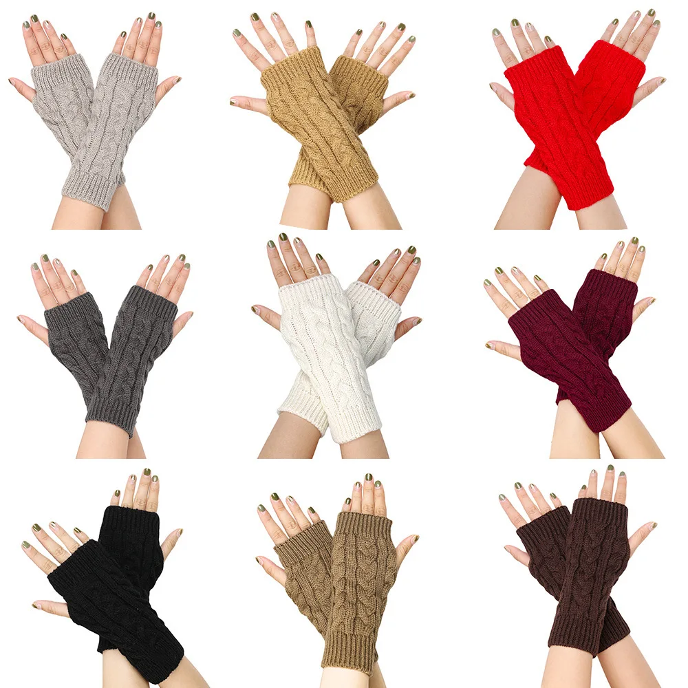 

Women Fingerless Gloves Solid Color Knitted Mitten Thicken Winter Warm Arm Warmers Unisex Outdoor Cycling Writting Gloves