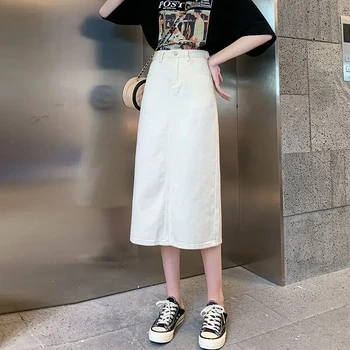 Saia de Brim Branca Casual Coreana: O Estilista Must-Have para o Verão 9 High Waist Denim Skirt Midi Elegant Summer Straight Bodycon Long Jeans Skirt Women Solid White Vintage Split