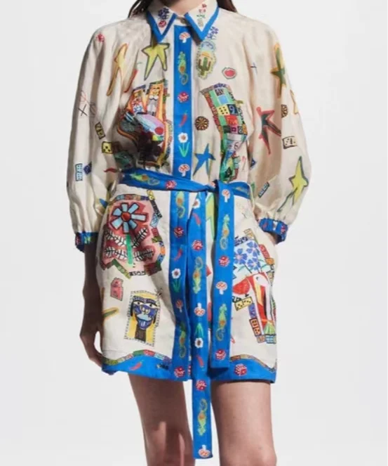 2024 Women's Belted Shirt Dress Short Sleeve Lapel Loose Beach Holiday Party Cardigan Dress Letter Print A-line Swing Robe
2024 Women's Belted Shirt Dress Short Sleeve Lapel Loose Beach Holiday Party Cardigan Dress Letter Print A-line Swing Robe
