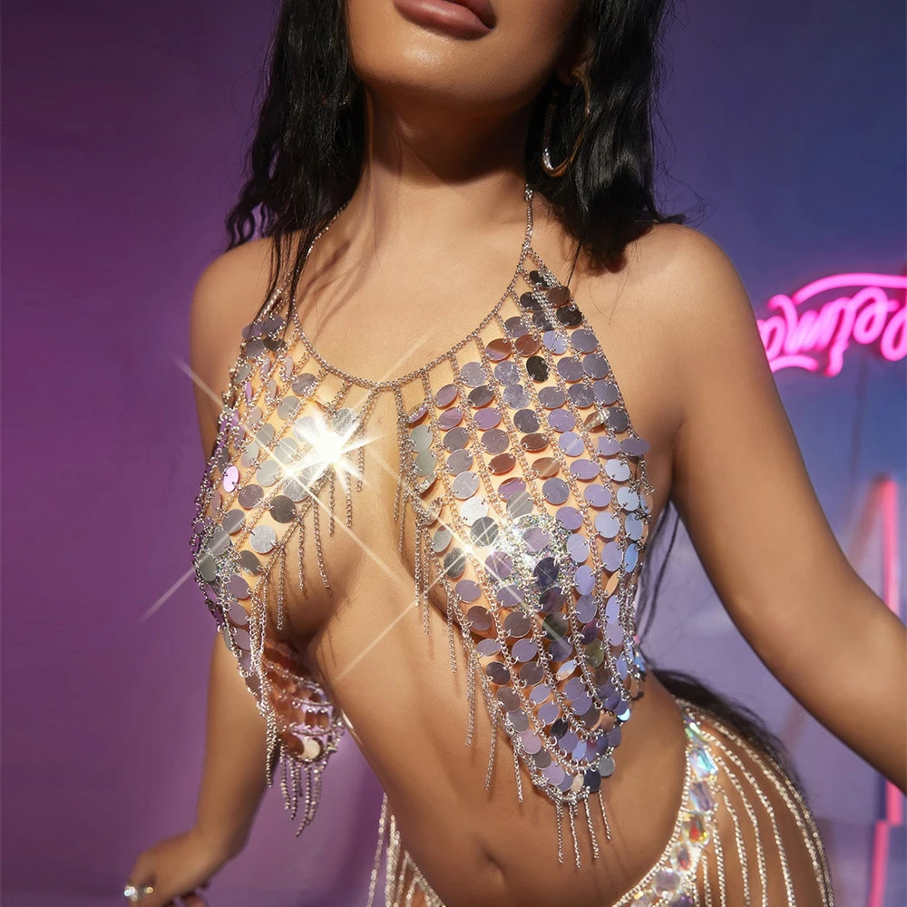 

Sexy Metal Chain Crop Tops Summer Bling Hollow Sequins Halter Shirt Cropped Sparkly Suspenders Nightclub Party Stranger Things