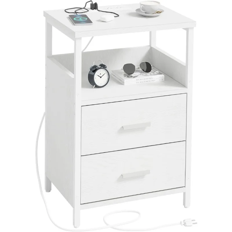 

Nightstand with Charging Station,Fabric-Wood 2-in-1 Drawer, Side for Small Spaces, White Bedside Tables USB Ports and Outlets
