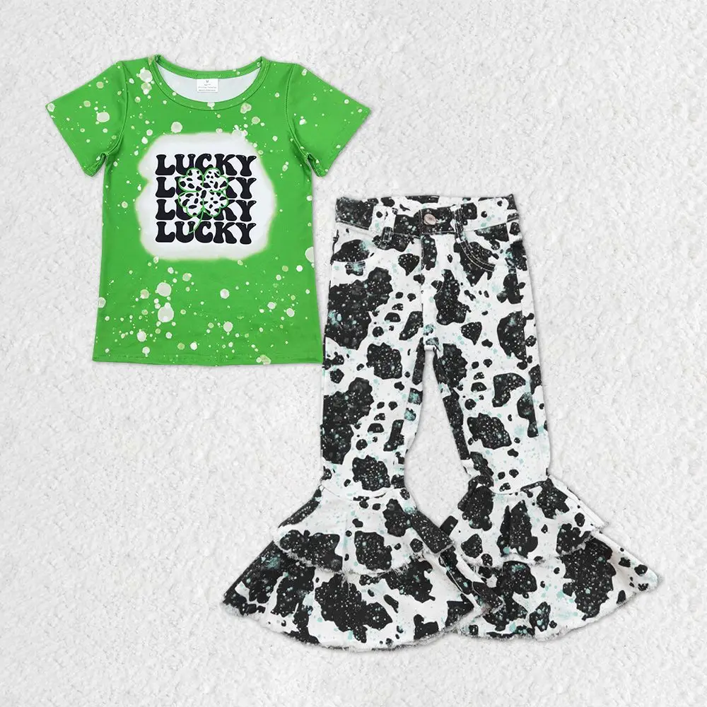 Wholesale Children St. Patrick's Day Set Toddler Green Short Sleeves T-shirt Cow Print Denim Bell Pants Jeans Kids Infant Outfit
Wholesale Children St. Patrick's Day Set Toddler Green Short Sleeves T-shirt Cow Print Denim Bell Pants Jeans Kids Infant Outfit