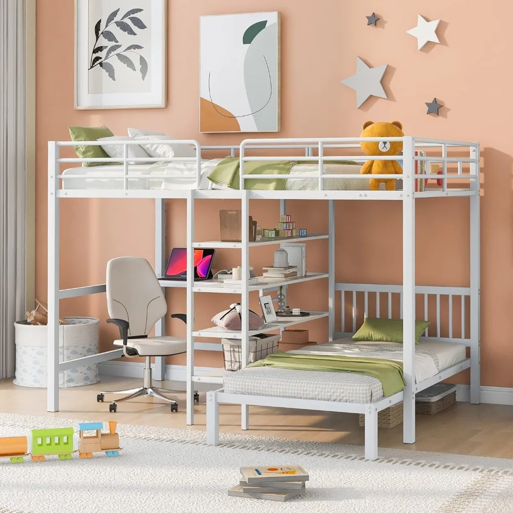 

Full Over Twin Metal Bunk Bed with Built-in Desk, Storage Shelves and Ladder, L Shaped Loft Bed Frame for Kids, Teens