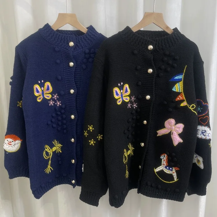 

Cartoon Pattern Embroidery Cardigans ,Sweater Jackets, Flower Thickened Knitted Jumpers blue black кофта женская
