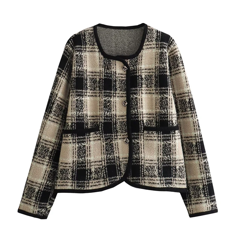 Checked Knitted Coat for Women Round Neck Long Sleeve Jacket Double Breasted Loose Vintage Elegant Outerwear Spring Autumn New
Checked Knitted Coat for Women Round Neck Long Sleeve Jacket Double Breasted Loose Vintage Elegant Outerwear Spring Autumn New