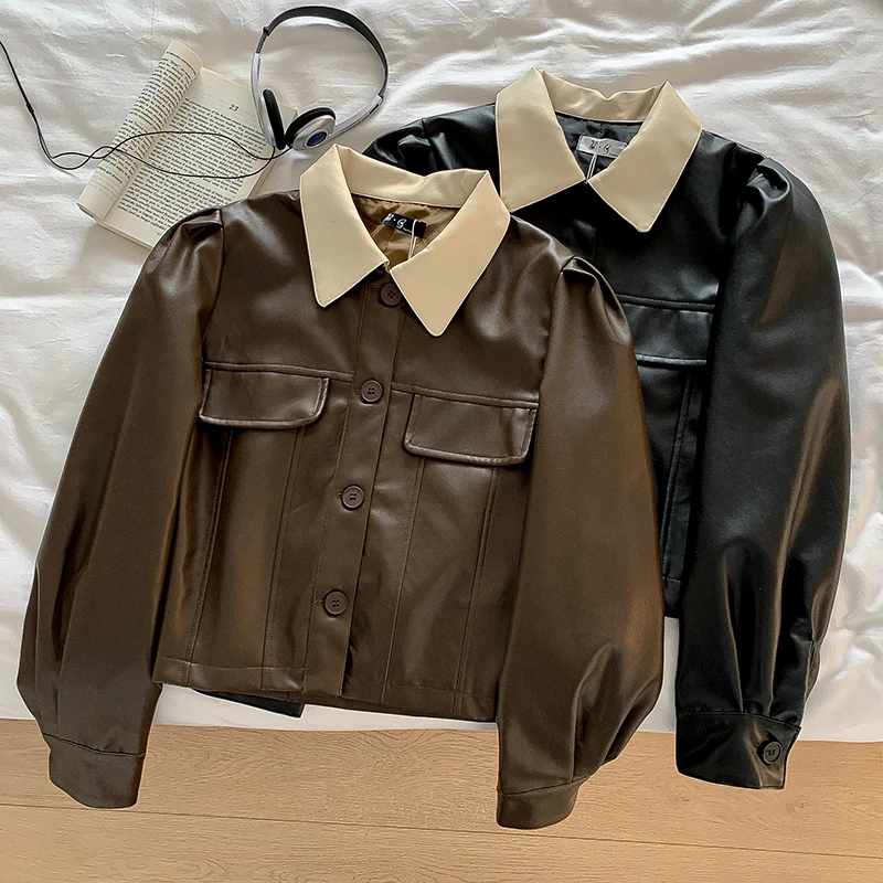 

Fashion Basics Turn-Down Collar Long Sleeve Pu Leather Jacket Women Spring Autumn New Contrast Color Loose Cardigan Tops