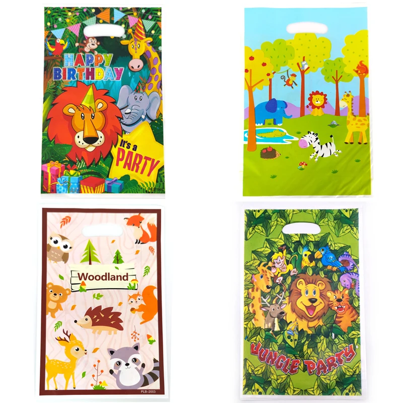 

10pcs/lot Birthday Party Decorate Kids Favors Woodland Jungle Animal Theme Loot Bag Happy Baby Shower Chocolate Candy Gifts Bags