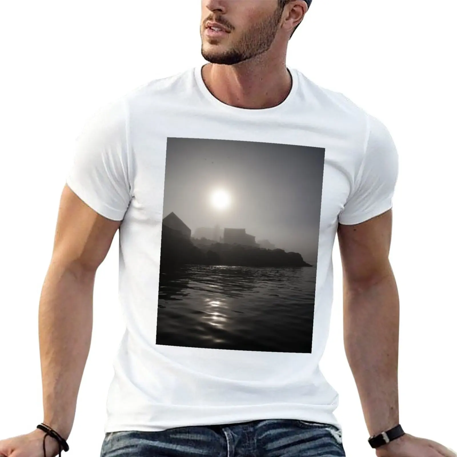 

New Foggy harbor sunrise at Monhegan Island Maine T-Shirt vintage t shirt Short sleeve graphic t shirts t shirt for men