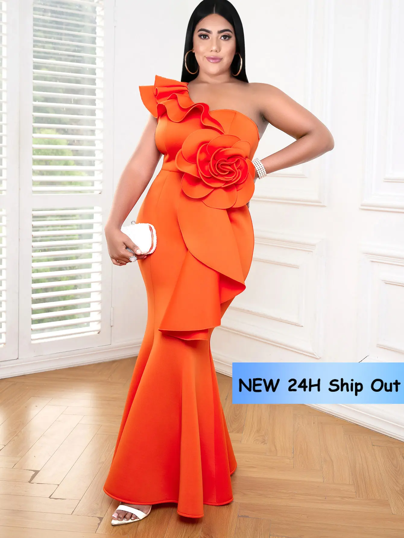 

ONTINVA Maxi Party Dresses for Women Orange One Shoulder Ruffles Flower Empire Bodycon Trumpet Evening Cocktail Event Gowns 4XL