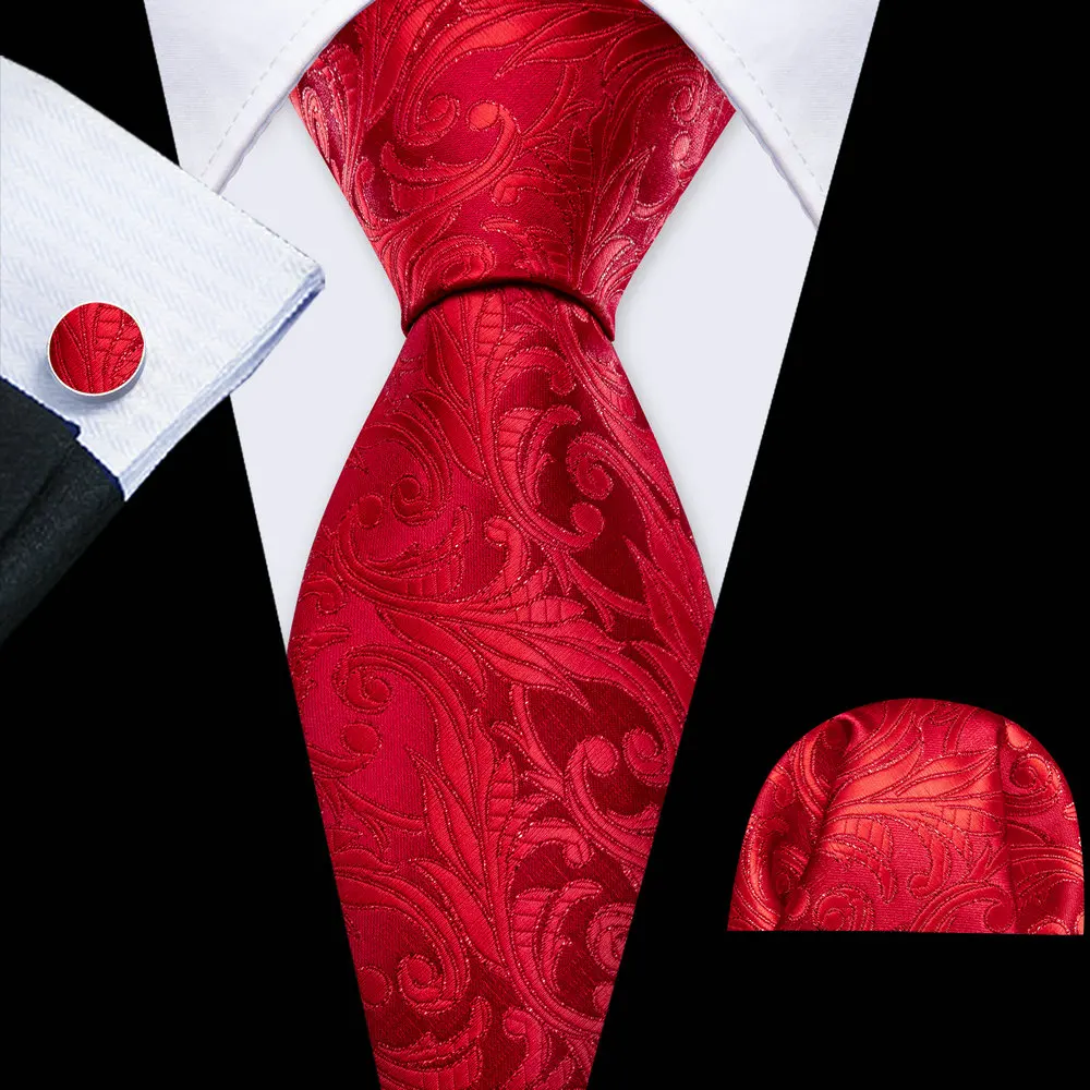 

Wedding Red Men Silk Tie With Pocket Square Cufflink Set Fashion Floral Suit Necktie For Male Formal Designer Party Barry.Wang