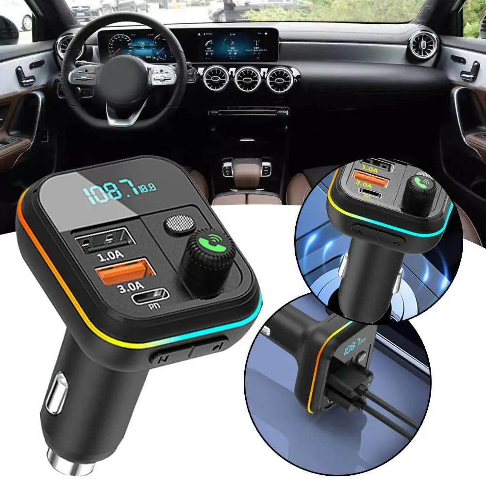 

Car Bluetooth 5.0 FM Transmitter Type-C USB 3.0A Fast Charger LED Backlit Atmosphere Light MP3 Player Lossless Music