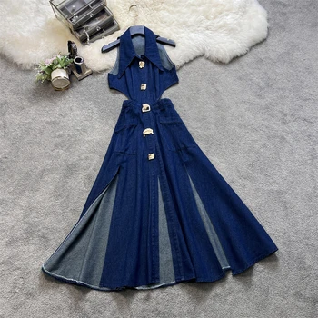 O Vesitdo Mini Sexy Colorido Y2K para Mulheres: Uma Ode ao Estilo Vibrante e Nostalgia 11 Amolapha Women Summer Retro Turn-down Collar Denim Dress Hollowed Out Split High Waist Jeans Skirts