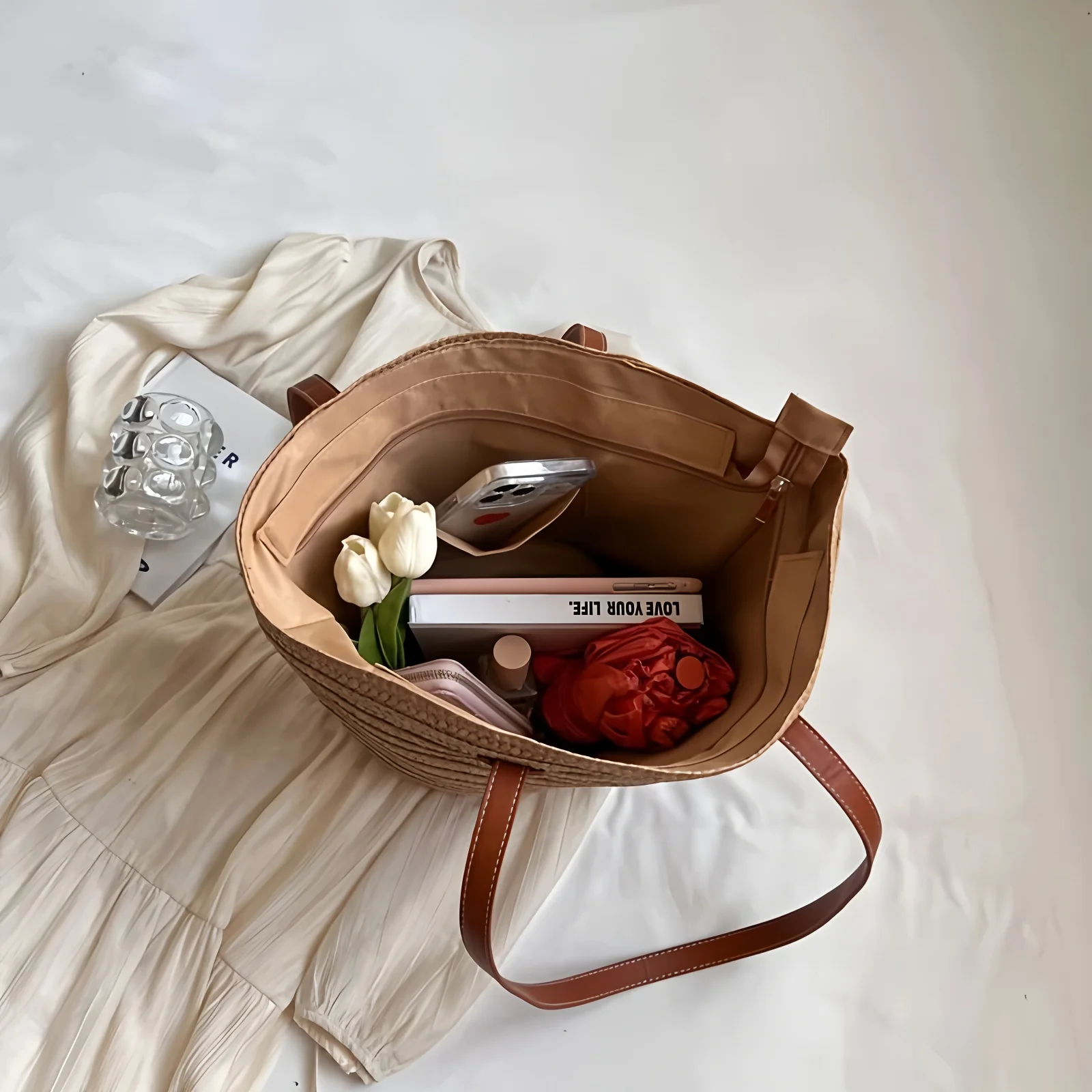 Knitted Straw Luxury Shoulder Bag - Large Woven Beach Shopper Basket 5 S3ec9b8c6f79a4aca8abf19525c396bd9Q