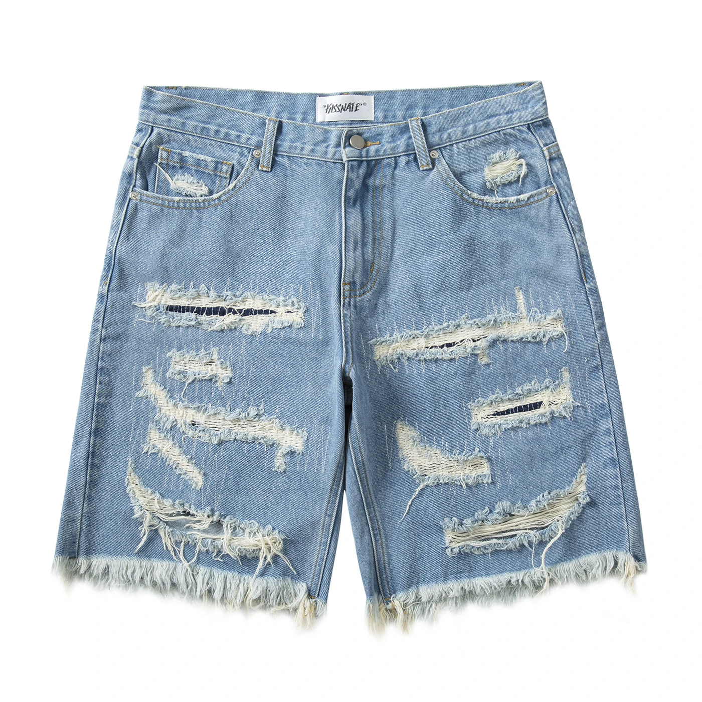 

Blue Biker Distressed Denim Shorts Men's Baggy Patches Rough Edge Hip-hop Summer Beggar Fashion Ripped Short Jeans Pants Y2k