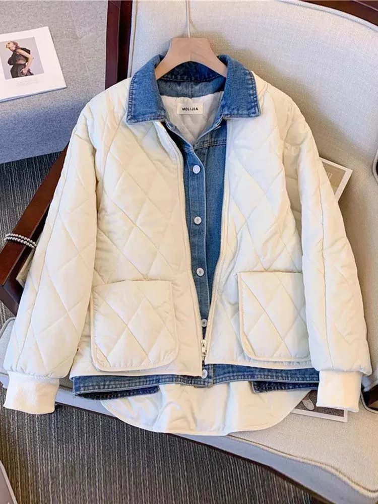 Denim Cotton Jacket Women Vintage Fake Two Piece Patchwork Jackets Lady Winter Loose Casual Warm Coats Retro Spliced Jackets
Denim Cotton Jacket Women Vintage Fake Two Piece Patchwork Jackets Lady Winter Loose Casual Warm Coats Retro Spliced Jackets