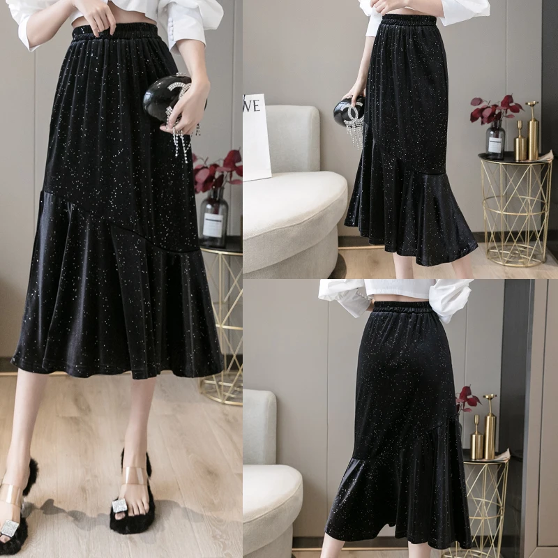 Golden velvet sequin skirt with loose ruffle edge in autumn and winter, medium length skirt, high waist, versatile long skirt
Golden velvet sequin skirt with loose ruffle edge in autumn and winter, medium length skirt, high waist, versatile long skirt