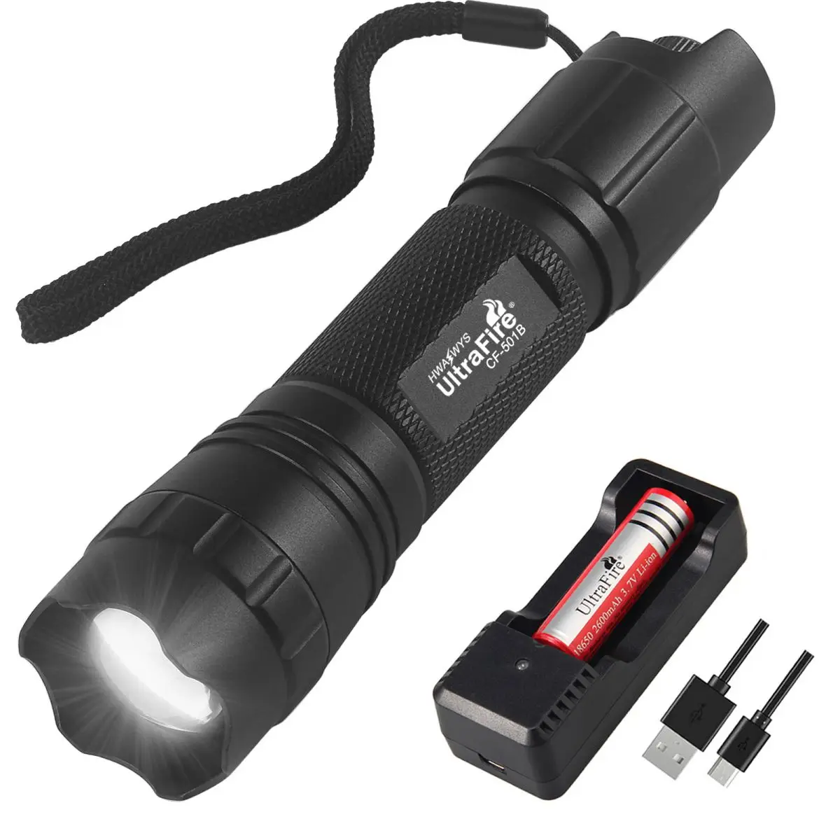 

UltraFire CF-501B Tactical Flashlight 1mode Infinite Dimming LED Torch Light Zoomable Hunting Lantern for Camping Hiking Cycling