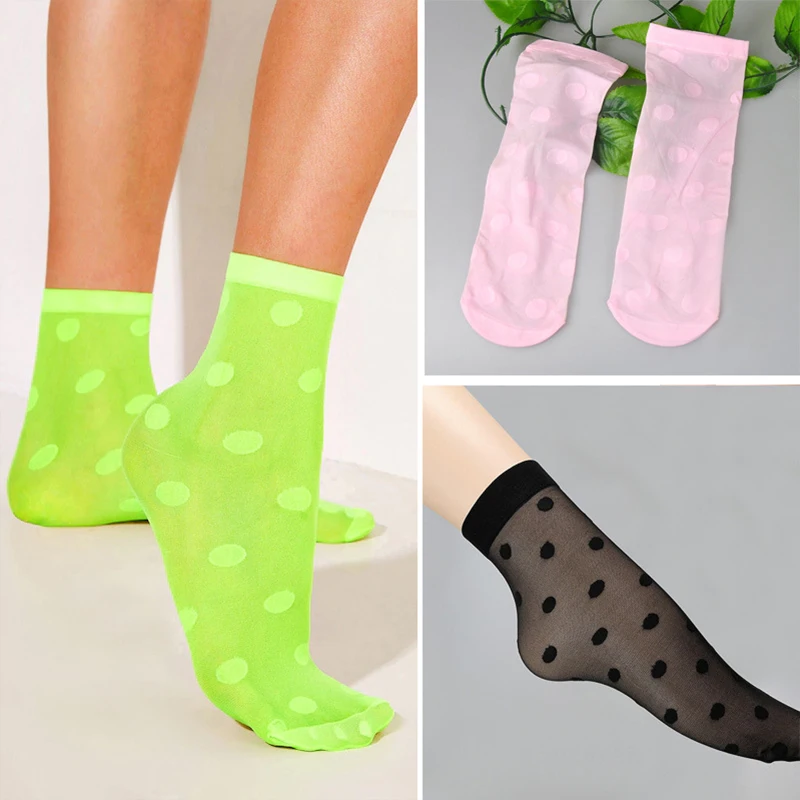 

OMSJ New Candy Color Women Short Transparent Socks Ultrathin Neon Green Dot Print Soft Sock Streetwear Ankle Sox for Girls Gifts