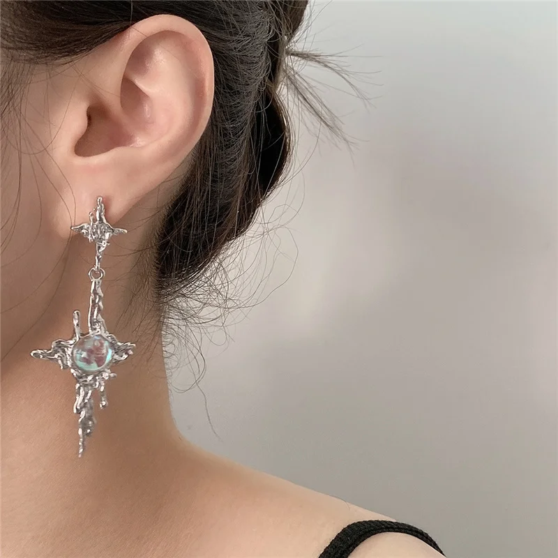 

Trend Harajuku Irregular Liquid Metal Cross Moonstone Dangle Drops Earrings For Women Egirl Y2K Cool Grunge Jewelry Wholesale