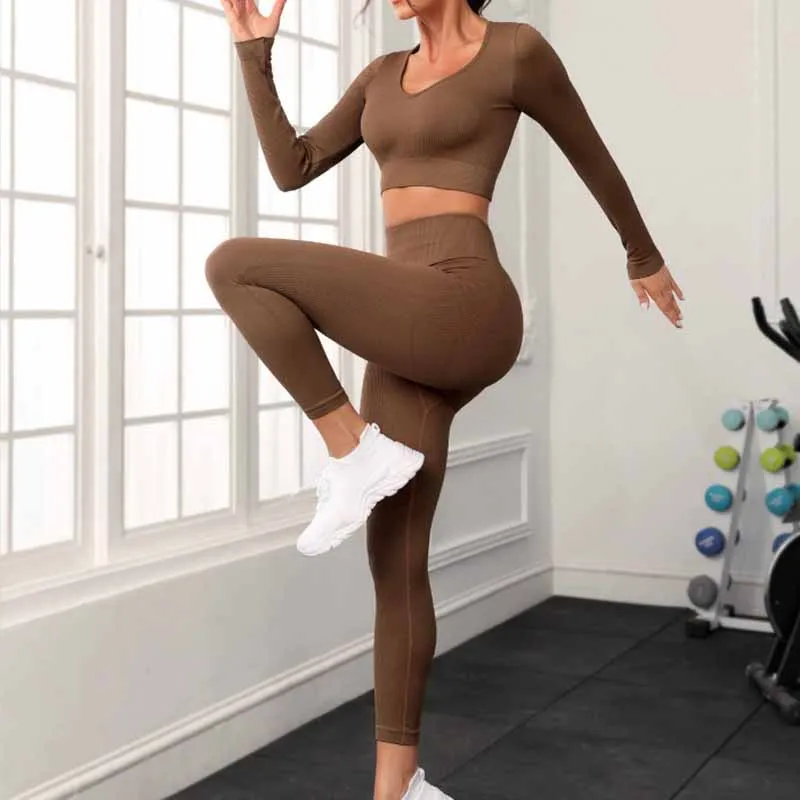 Бесшовный комплект для йоги, женская спортивная одежда, короткий топ с длинным рукавом, леггинсы с высокой талией, тренировочный спортивный костюм, комплекты для фитнеса
Бесшовный комплект для йоги, женская спортивная одежда, короткий топ с длинным рукавом, леггинсы с высокой талией, тренировочный спортивный костюм, комплекты для фитнеса