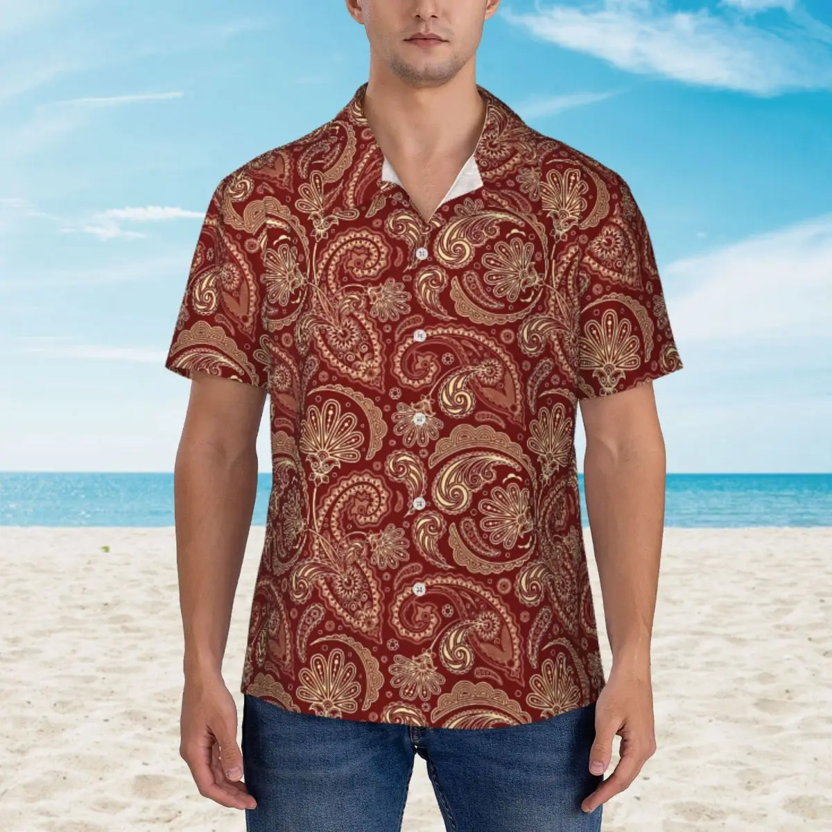 

Red Paisley Beach Shirt Vintage Print Summer Casual Shirts Men Elegant Blouses Short Sleeve Stylish Graphic Tops