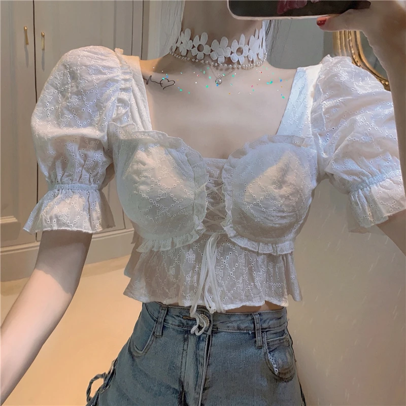 Summer French Fashion Vintage Y2K Sweet Short Princess Sleeve Shirt Women Lace Hollow Out Bandage Solid Color Slim Crop Top
Summer French Fashion Vintage Y2K Sweet Short Princess Sleeve Shirt Women Lace Hollow Out Bandage Solid Color Slim Crop Top