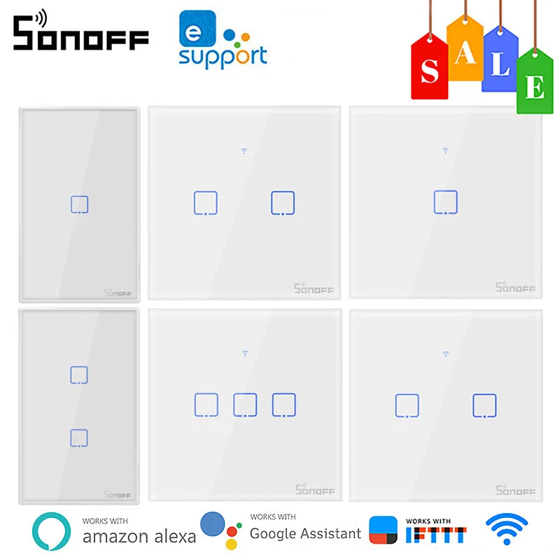 

SONOFF T0 T1 WiFi Smart Wall Switch EU/US/UK 1/2/3 Gang Light Switch Remote Control Via Ewelink APP Works With Alexa Google Home