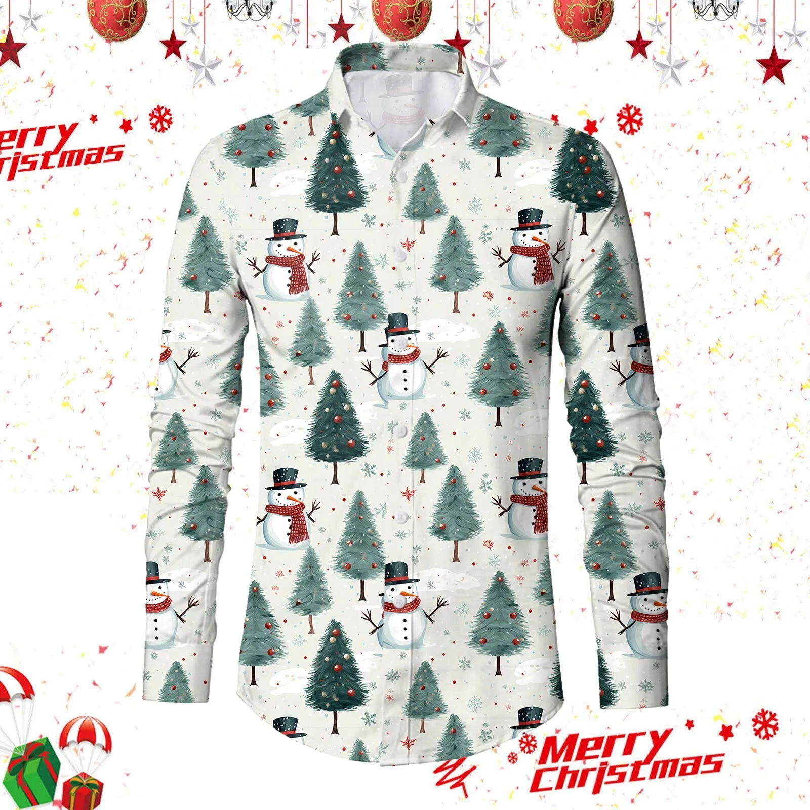 

Hawaiian Christmas Theme Santa Claus Tree Shirt For Men Casual Vintage Tops 3d Printed Flower Long Sleeve Holidays Y2k Clothing