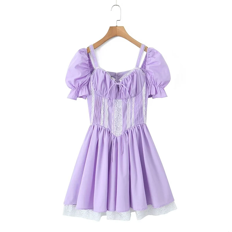 

YENKYE Women Lace Trim Elegant Party Mini Sweet Dresses Vintage Puff Sleeve Low Waist Ladies Summer Dress Skater Fairy Robe