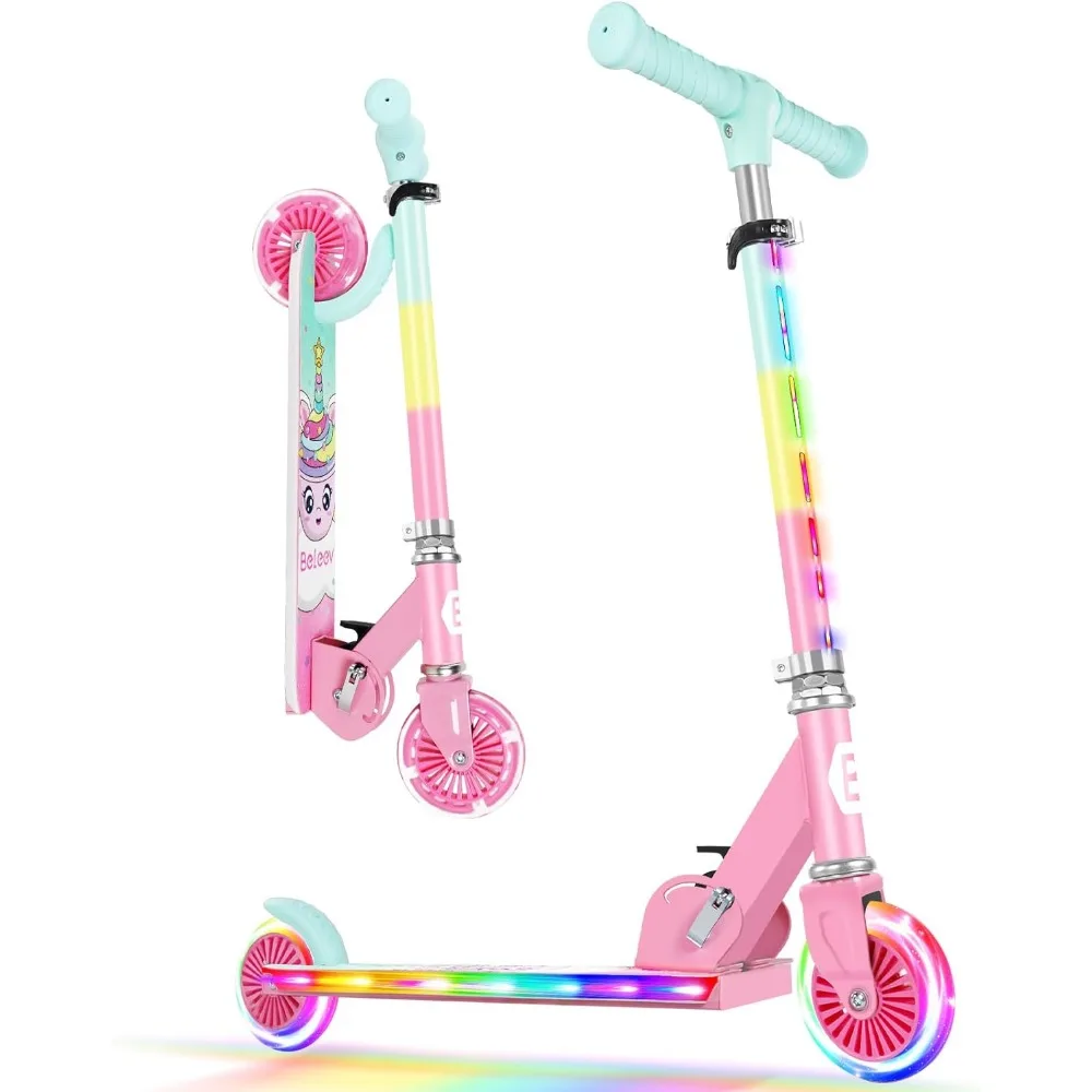 

V2 Scooters for Kids with Light-Up Wheels & Stem & Deck, 2 Wheel Folding Scooter for Girls Boys, 3 Adjustable Height, Non-Slip