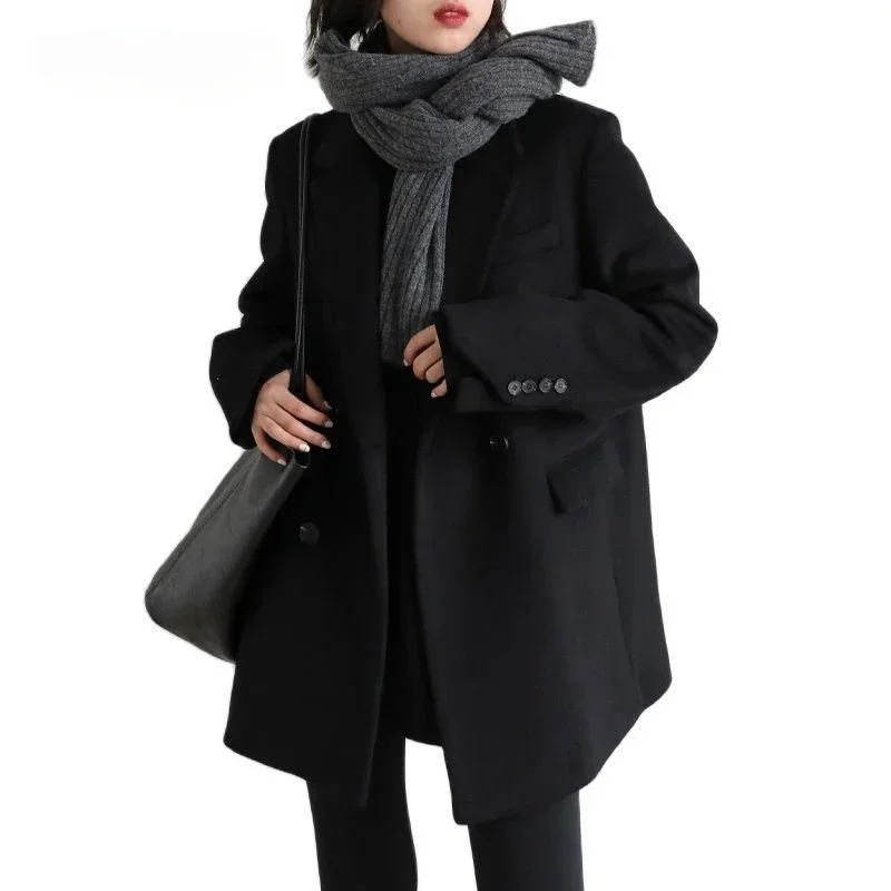 

Women Wool Blend Coat Solid Mid Long Woolen Blazer Thick Warm Blouse Women's Overcoat Office Lady Tops Autumn and Winter 2023