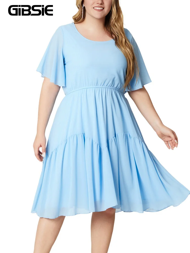 

GIBSIE Plus Size Solid O-Neck Short Sleeve Chiffon Dress 2024 New Women Elastic Ruffle Hem Knee Length Summer A-Line Dresses
