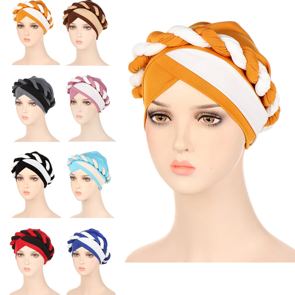 

Fashion Women Muslim Braids Hijab Chemo Caps Indian Bonnet Cancer Headwrap Scarf Hair Loss Hat Islamic Arab Turbante Lady Cover