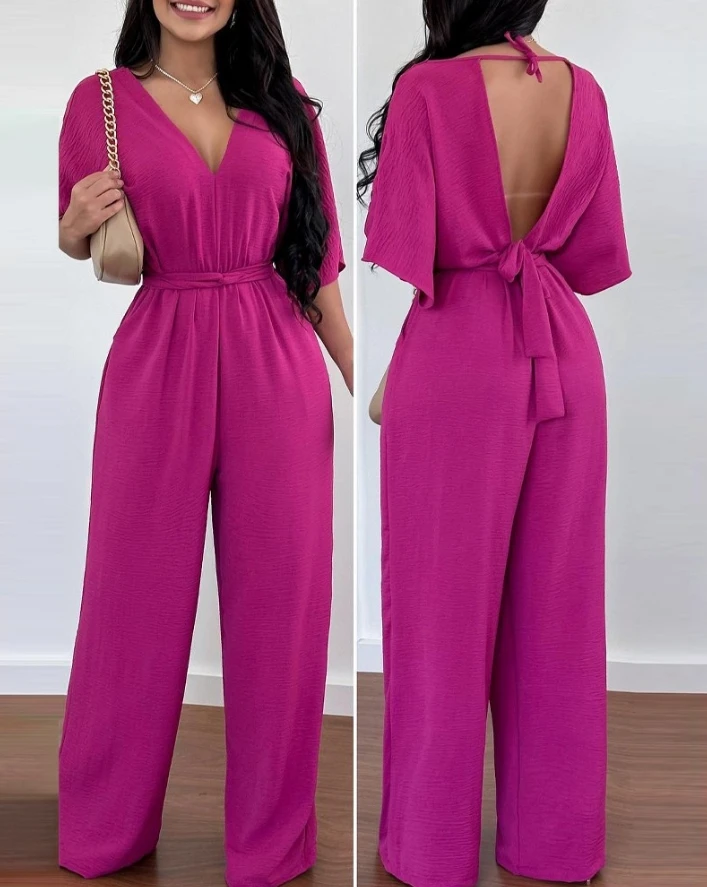 

Jumpsuit for Women 2024 Spring Summer Casual Simple Solid Color Half Sleeve Tied Detail Backless Deep V-Neck Daily Jumpsuit