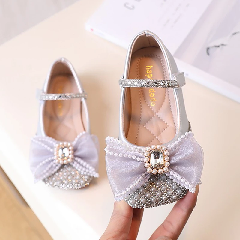 

New Girls Shoes Pearls Rhinestone Mary Janes Shoes Square Toe Bling Dance Princess Shoes Crystal Bowtie Party Wedding Shoes 165R