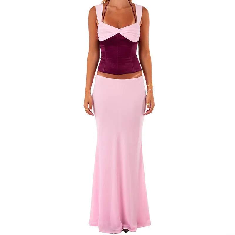 FREE SHIPPING Elegant Summer 2025 Party Two Tone Satin And Ruched Halter Top with High Waist Maxi Skirt Set OUT1040 FREE SHIPPING Elegant Summer 2025 Party Two Tone Satin And Ruched Halter Top with High Waist Maxi Skirt Set OUT1040