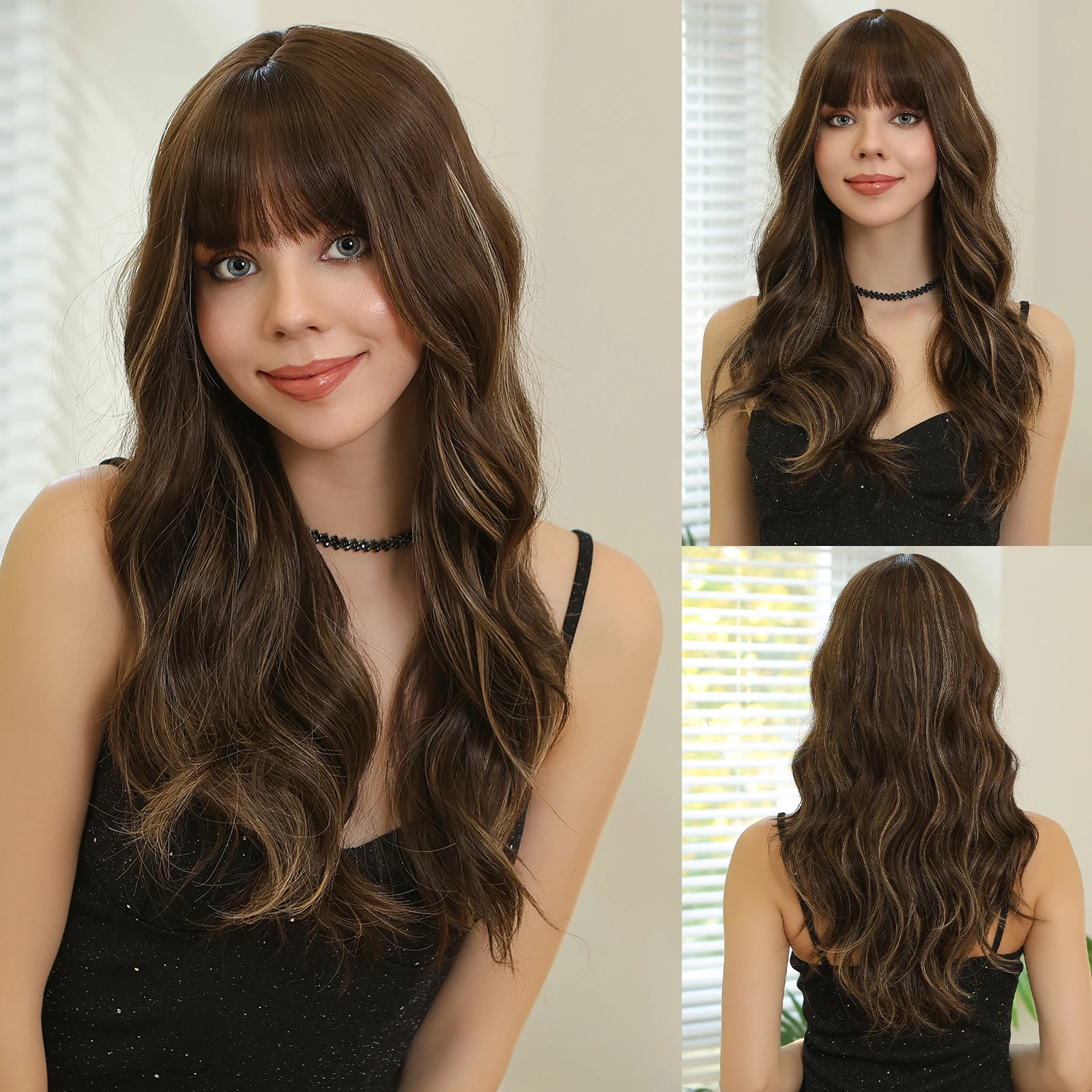 

EASIHAIR Long Loose Wave Synthetic Hair Wigs With Bangs Brown Wave Wigs with Golden Highlights for Women Daily Heat Resistant
