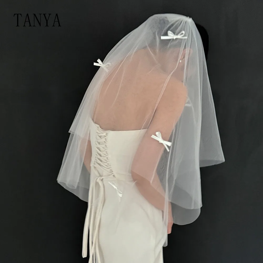 

Two Layer Bridal Veils With Bows New Simple Cut Edge Veil Soft Tulle Bridal Accessories Elegant Ivory Wedding Veils TSWD217